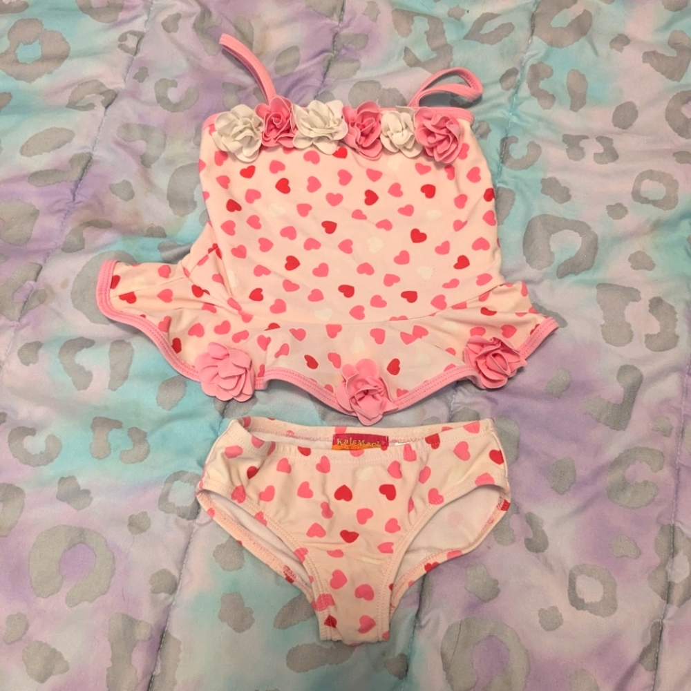 Kate Mack Girls Tankini Swimwear Size 2T/2 Ruffle Nuckline Pink Hearts Two Piece